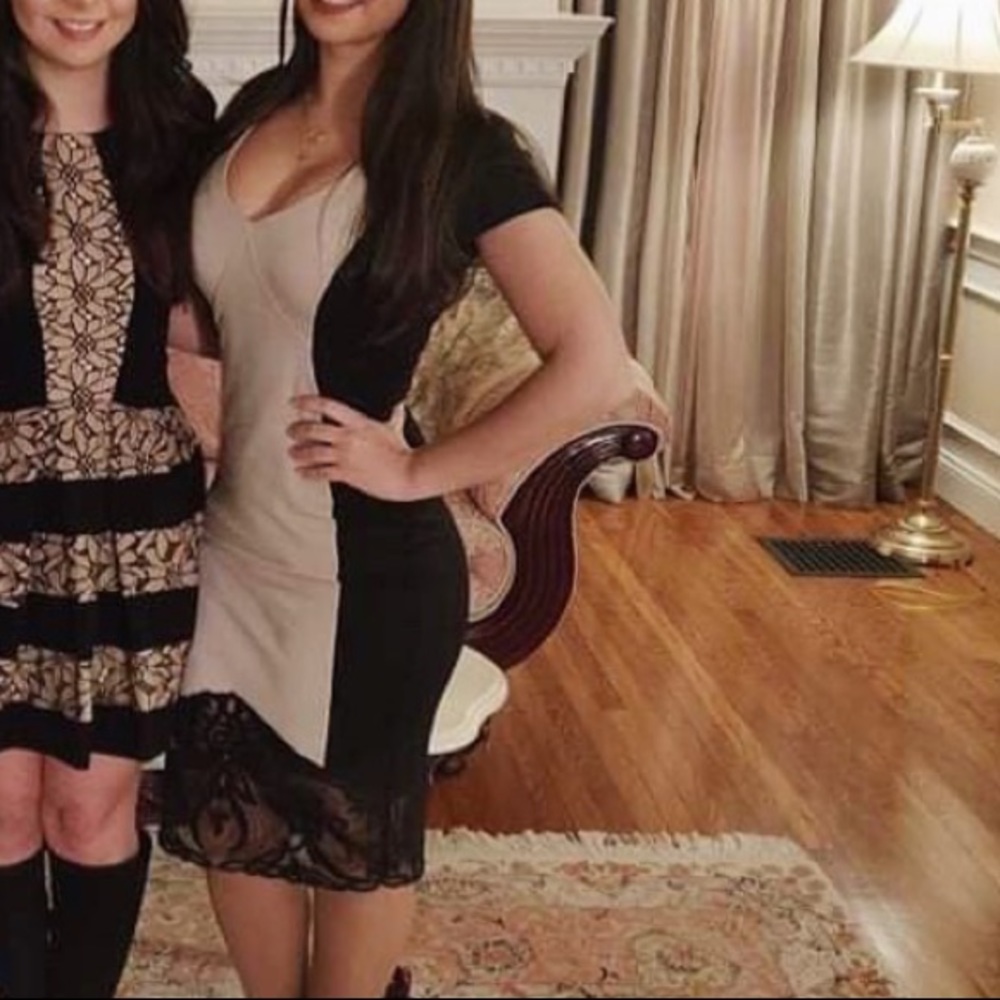 Chic tan and black bodycon dress w/ lace trim